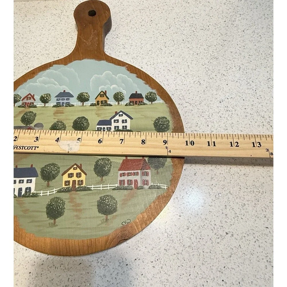 VTG Wood Hand Painted Bread Cutting Board Houses Farmhouse Grammacore Farm